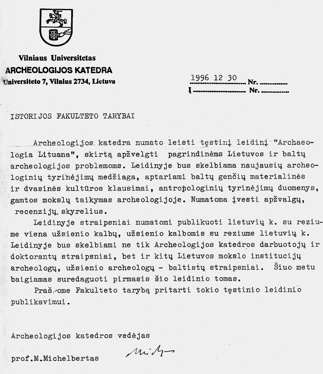 3 pav. M. Michelberto raštas dėl leidinio „Archaeologia Lituana“